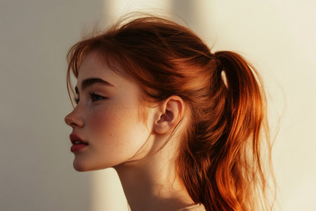 Young woman with vibrant red hair and natural freckles, captured in profile with side swept ponytail, glowing in soft sunlightの素材