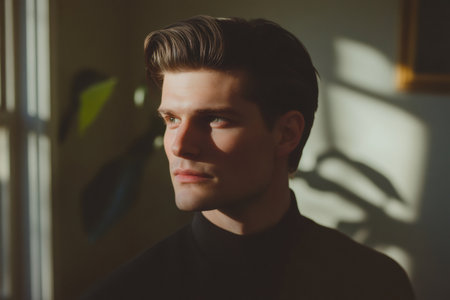 Man with brushed back hair wearing a turtleneck, illuminated by side light and shadow patterns from a windowの素材