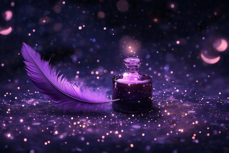 Quill pen and glowing ink bottle creating a magical, whimsical scene with sparkling glitter and deep purple tonesの素材
