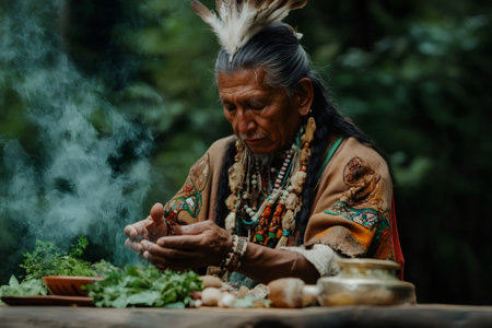 Indigenous shaman performing a traditional healing ceremony, carefully holding natural herbs with rising smoke representing spiritual practicesの素材
