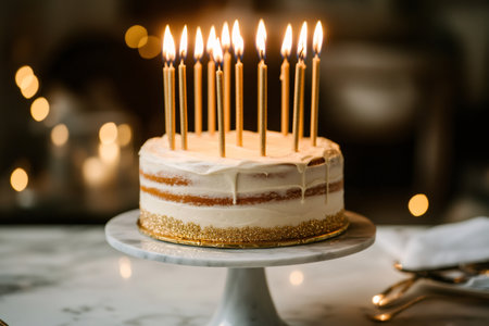 Round layered naked cake on marble stand, decorated with white icing and gold glitter, featuring numerous lit golden candlesの素材