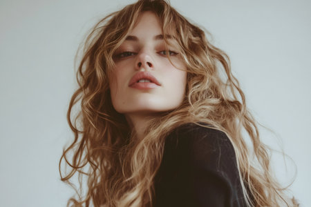Young woman looking at camera, featuring her natural, voluminous, wavy blonde hair and full lips. Natural beauty conceptの素材