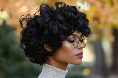 Woman standing outdoors, her profile highlighting a stylish short curly hairstyle and round glasses against an autumn backgroundの素材