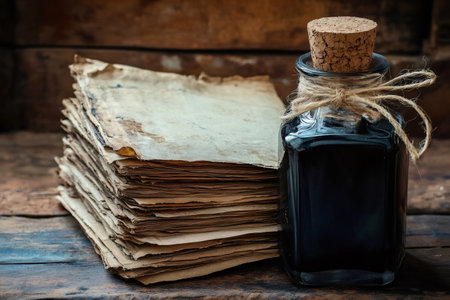 Inkwell bottle with cork stopper and twine, placed alongside a stack of aged, distressed paper sheets on woodの素材