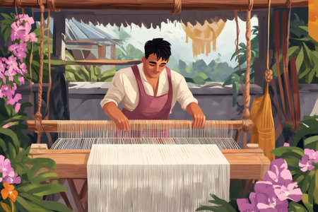 Craftsperson diligently weaving new fabric on a traditional wooden handloom, with vibrant tropical plants and flowers enhancing the artisanal atmosphereの素材