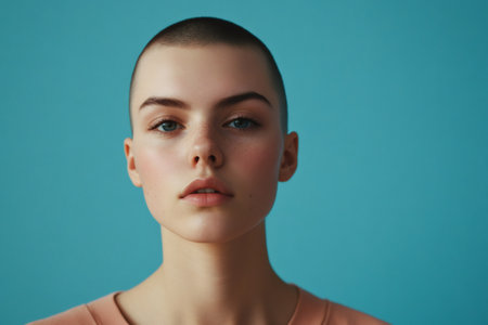 Young woman with very short hair standing against a blue background. She embodies strength, individuality, and natural beautyの素材