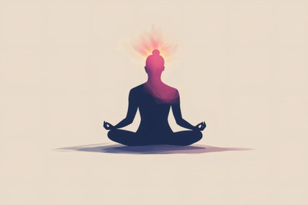 Stylized silhouette of person sitting in meditative pose, radiating spiritual energy from the crown chakra, finding inner peaceの素材