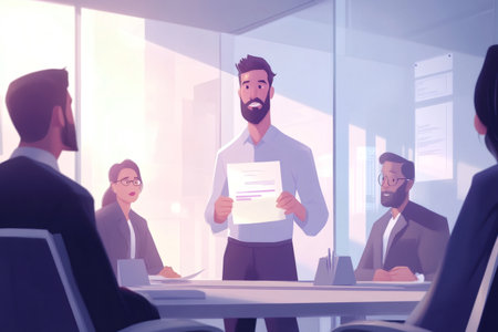 Business executive giving a presentation during a meeting, sharing ideas with colleagues. Professional teamwork and collaborationの素材