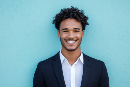 Young man smiling broadly, exuding confidence and professionalism, standing against a vibrant turquoise wallの素材