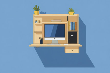 Working from home on a compact, organized workspace. Modern personal computer with shelves, books, and plantsの素材