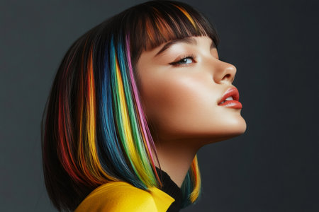 Young woman confidently displaying a modern bob haircut with striking rainbow colored highlights, expressing vibrant individuality and styleの素材