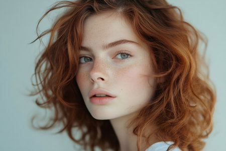 Young woman's face highlighting natural red wavy hair texture, freckles, and clear eyes, symbolizing authentic beautyの素材