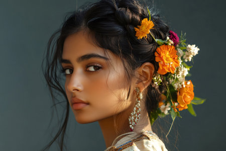 Young Indian woman looking directly at the viewer, wearing traditional bridal hairstyle with fresh marigold and jasmine flowersの素材