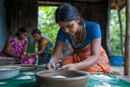Young woman concentrating, sifting grain with hands in a bowl. Others are also working in background, representing women's trainingの素材