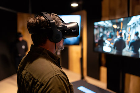Man wearing a VR headset and headphones, immersing himself in a virtual environment for a simulated experience or trainingの素材