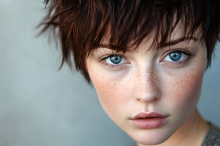 Young woman with a shaggy pixie haircut and a direct gaze. Her face features prominent freckles and striking blue eyesの素材