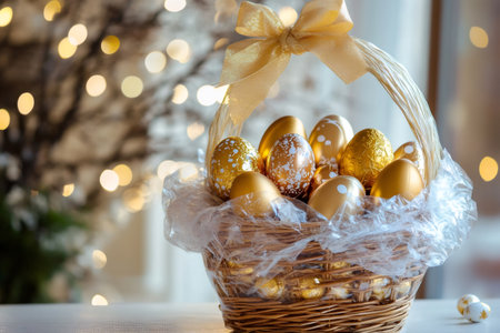 Wicker basket holding luxurious golden Easter eggs, wrapped in cellophane with a golden bow, festive bokeh lights in backgroundの素材