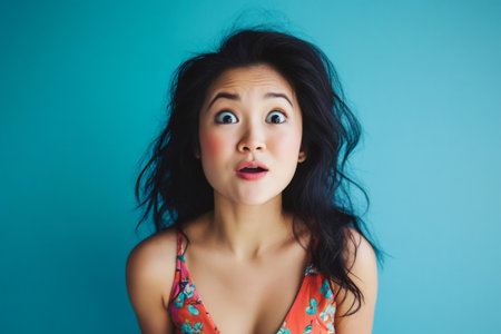 Young Asian woman standing on a blue background, opening her eyes widely and mouth in a surprised or shocked expressionの素材