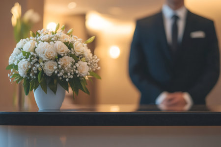 Luxurious hotel front desk with concierge in suit standing beside elegant bouquet of white roses and soft lightingの素材