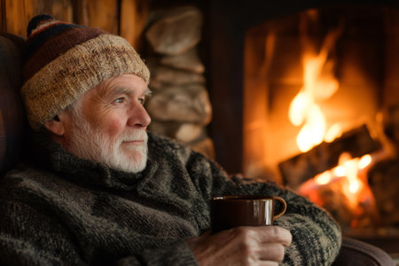 Senior man with a beard and knitted hat relaxing in a comfortable sweater, drinking a warm beverage by a fireplaceの素材
