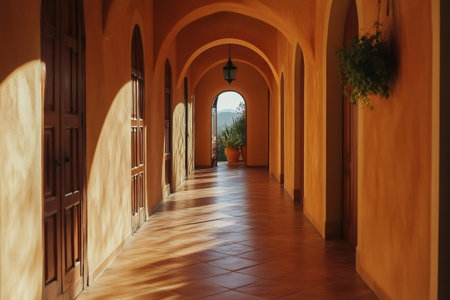 Architectural hallway featuring terracotta arches and tiled floor, leading to an open outdoor view with hills and greeneryの素材