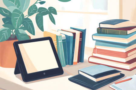 E reader screen displaying digital content with physical books, open notebook, and potted plant on a bright deskの素材
