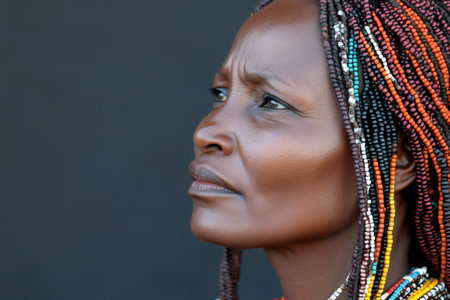 African woman with dark skin and beaded Fulani braids looking upward, expressing contemplation and strengthの素材
