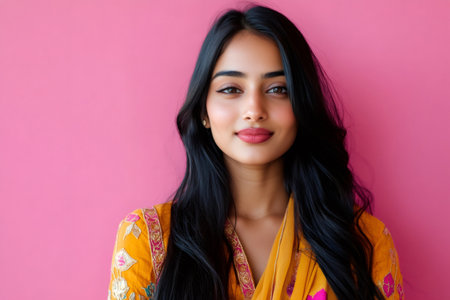 Young adult Indian woman smiling, looking at camera. Wearing traditional Indian clothing, gold embroidered kurta, pink backgroundの素材