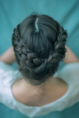 Woman's head from overhead, showing intricate Dutch braid hairstyle wrapped around her head like a crown on a teal backgroundの素材
