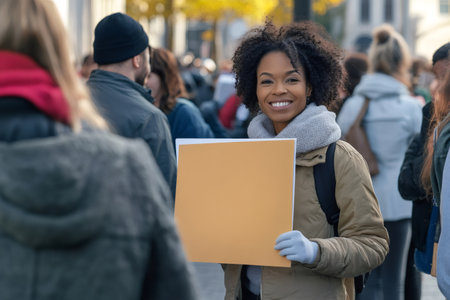 Smiling Black woman holding blank sign during community protest. Volunteer offering support, participating in activismの素材