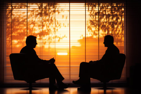 Two individuals silhouetted, sitting across from each other in chairs, engaging in dialogue against a warm sunsetの素材