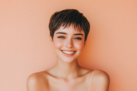 Young woman smiling, showing healthy white teeth, standing against a peach color background. Expressing happiness and confidenceの素材