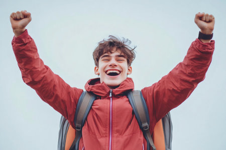 Young man wearing a backpack with arms raised in a victorious pose, smiling with happiness and excitementの素材