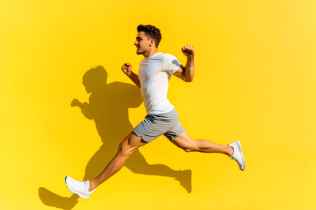 Young man actively running or jumping in full stride. He is showing dedication to fitness and an energetic, healthy lifestyleの素材