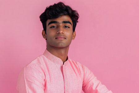 Young Indian man casually posing in a pink traditional kurta. Confidence and identity on a vibrant pink backgroundの素材
