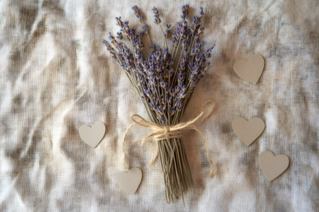Dried lavender bunch tied with twine, symbolizing love and natural essence, surrounded by small craft hearts on linenの素材