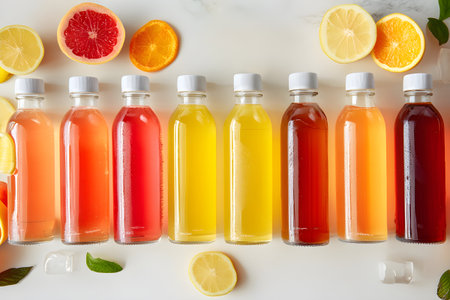 Vibrant fruit juices lining up in transparent bottles, surrounded by sliced lemons, oranges, grapefruits, ice, and mintの素材