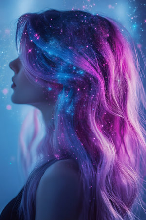 Woman's profile showcasing vibrant, flowing hair dyed in swirling patterns of purple and blue cosmic dust and starsの素材