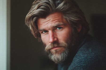 Man with a strong beard and long hair, showing an authentic and thoughtful gaze, wearing a dark sweaterの素材