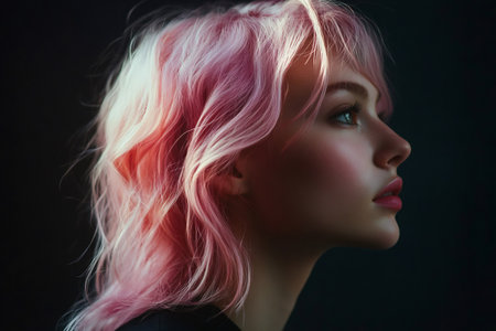 Young woman showing vibrant pink hair color and unique beauty against a dark background. Concept of individuality and styleの素材