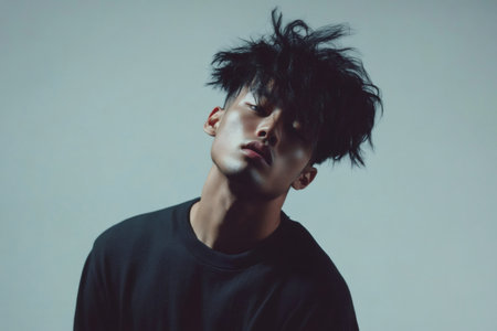 Stylish young Korean man posing with an intense, confident expression. His modern haircut displays a high fade, reflecting contemporary fashionの素材