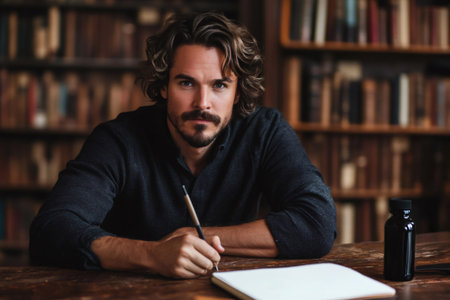 Man with curly hair and beard expressing creativity, writing in a notebook with a pen, surrounded by bookshelvesの素材