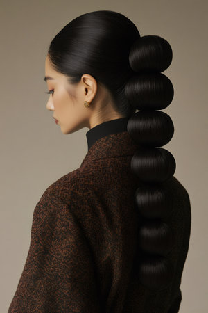 Young Asian woman showing a modern bubble ponytail hairstyle, wearing a stylish brown jacket in a sleek profile viewの素材