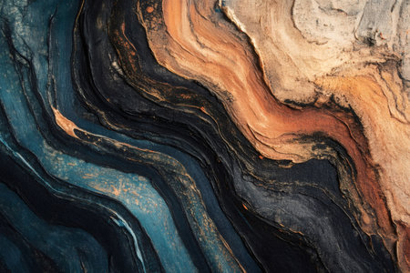 Abstract textured background with fluid wavy patterns. Deep blues, black, and shimmering gold create an elegant, luxurious designの素材