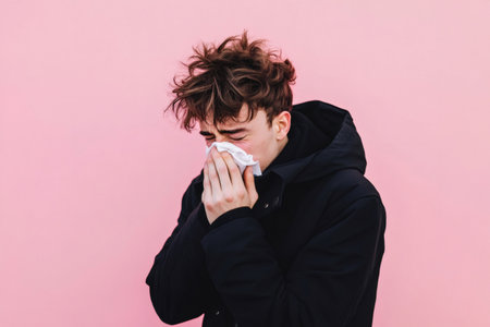 Young man covering nose and mouth with tissue, appearing unwell with cold or allergy symptoms on a pink studio backgroundの素材
