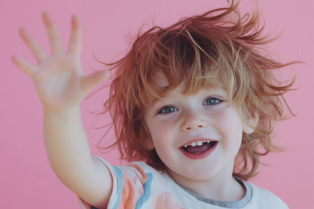 Happy little kid with bright blue eyes smiling, showing wild ginger hair and waving hand on a vibrant pink backgroundの素材