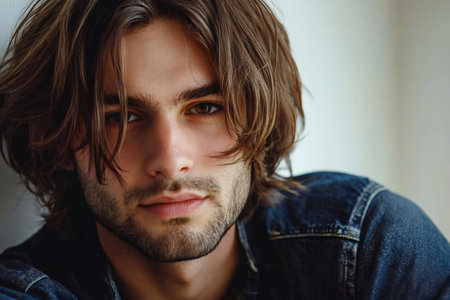 Face close up of a handsome young man wearing a denim jacket, hair falling over face. Natural, intimate portraitの素材
