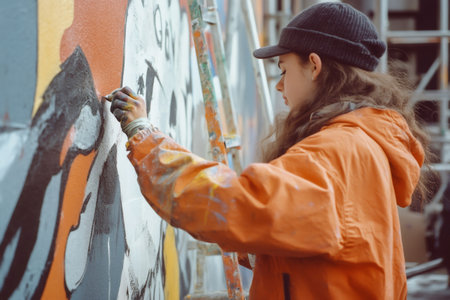 Young artist expertly painting a colorful street art mural. She is wearing a beanie and a paint splattered jacketの素材