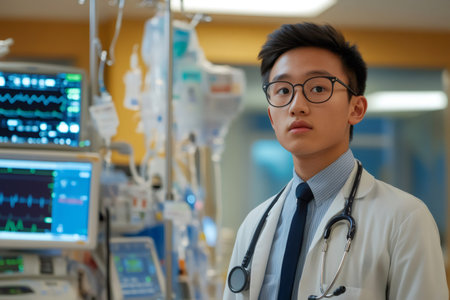 Young Asian male in a lab coat and stethoscope standing in a hospital, vital sign monitors and IV drips in the backgroundの素材
