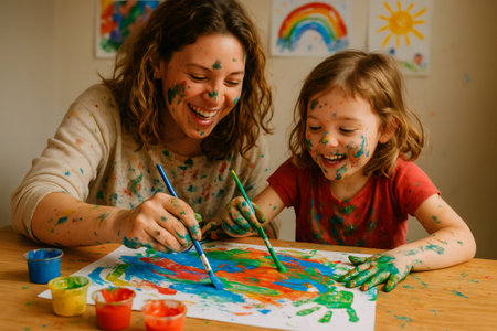 Happy mother and daughter bonding while painting with colorful brushes and paints, making art with messy handsの素材